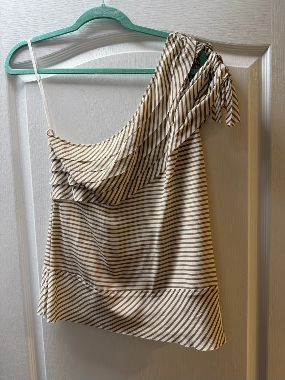 BCBGMaxAzria Cream and Brown Striped One-Shoulder Top